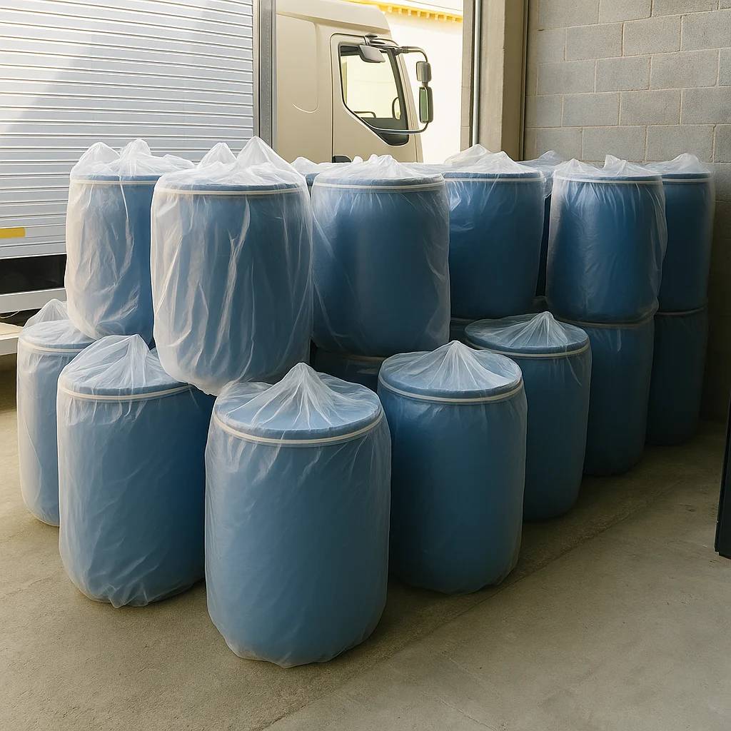 Bulk cosmetic drums wrapped and prepared for container loading