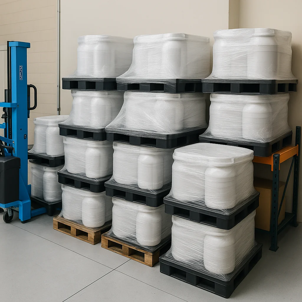 Finished goods palletized and shrink-wrapped ready for international export