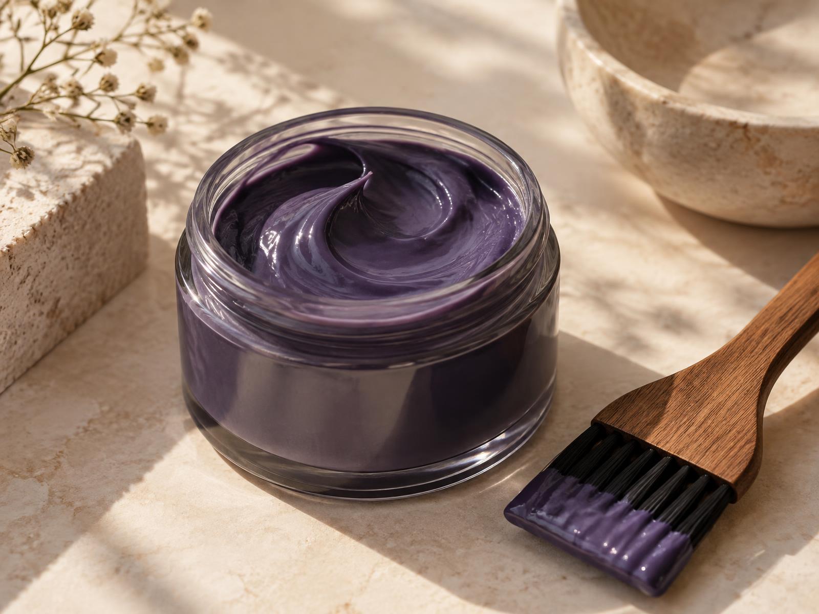 Open jar of the deep violet ARGIPLEX smoothing cream with an application brush