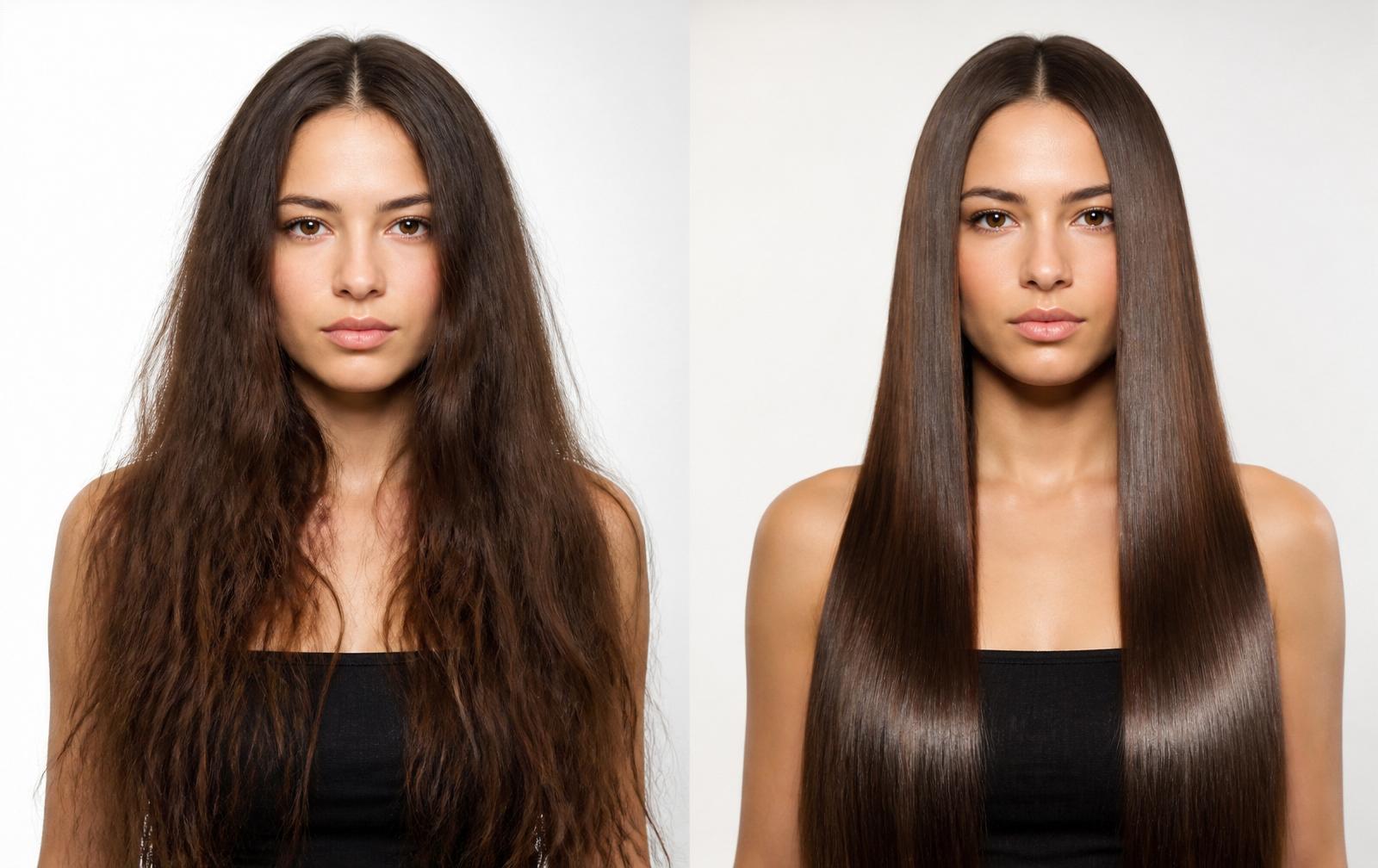 Before and after Brazilian Keratin smoothing treatment — same model, dry frizzy hair transformed into glossy straight hair