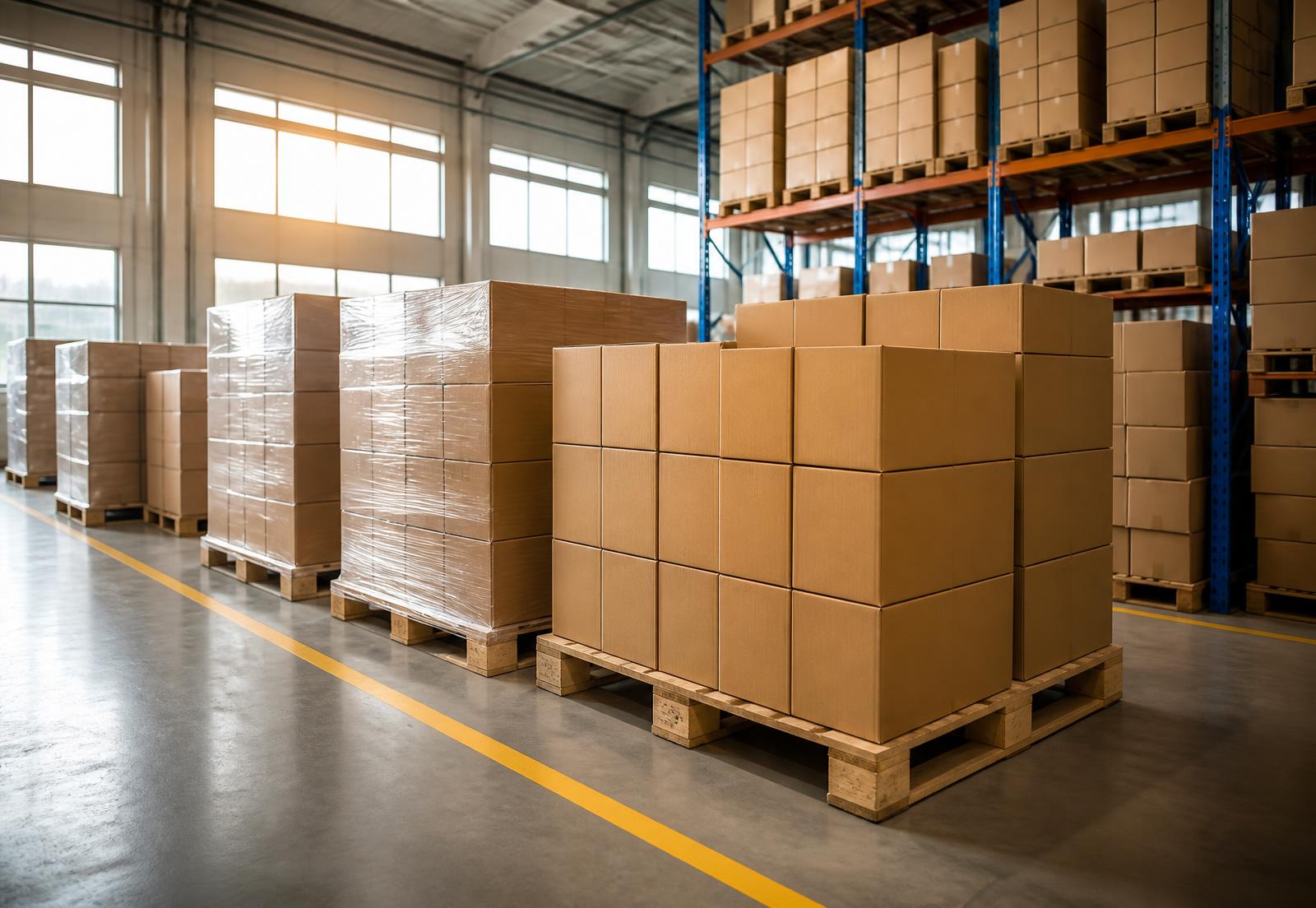 Unbranded cartons palletised and prepared for export from Brazil to the Gulf