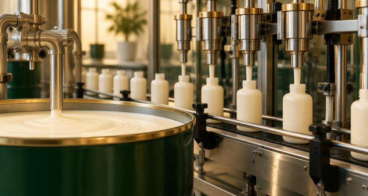 Cosmetics filling line filling unbranded bottles from a bulk drum in a clean production hall