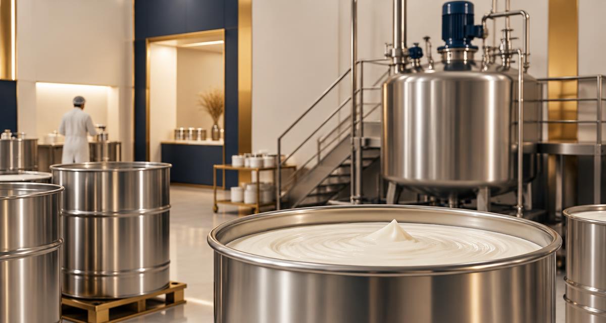 Stainless steel bulk cosmetic drums and a mixing tank inside a clean hair cosmetics factory