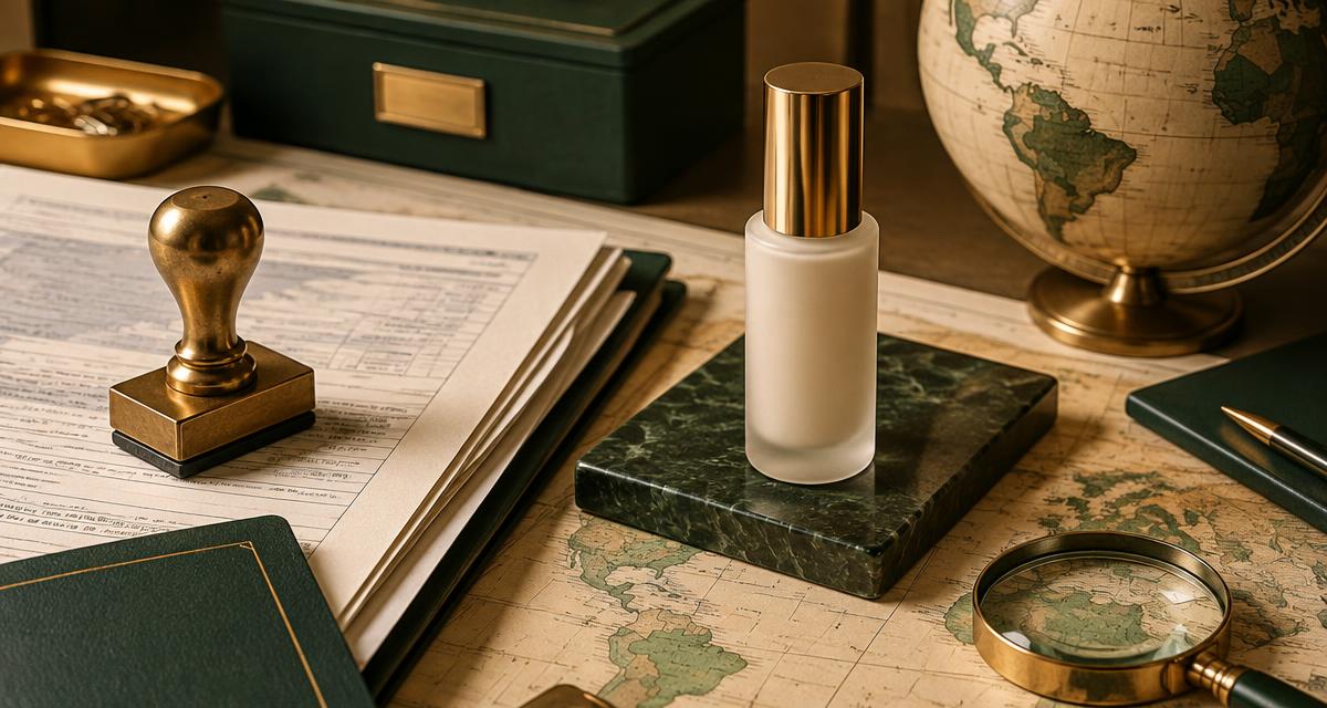 Customs paperwork, a brass stamp and an unbranded cosmetic bottle on a world map desk