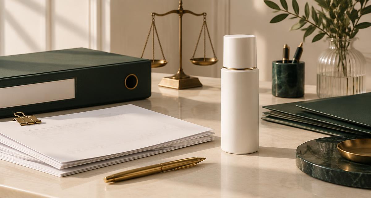 European regulatory dossier folder and compliance documents beside an unbranded cosmetic bottle