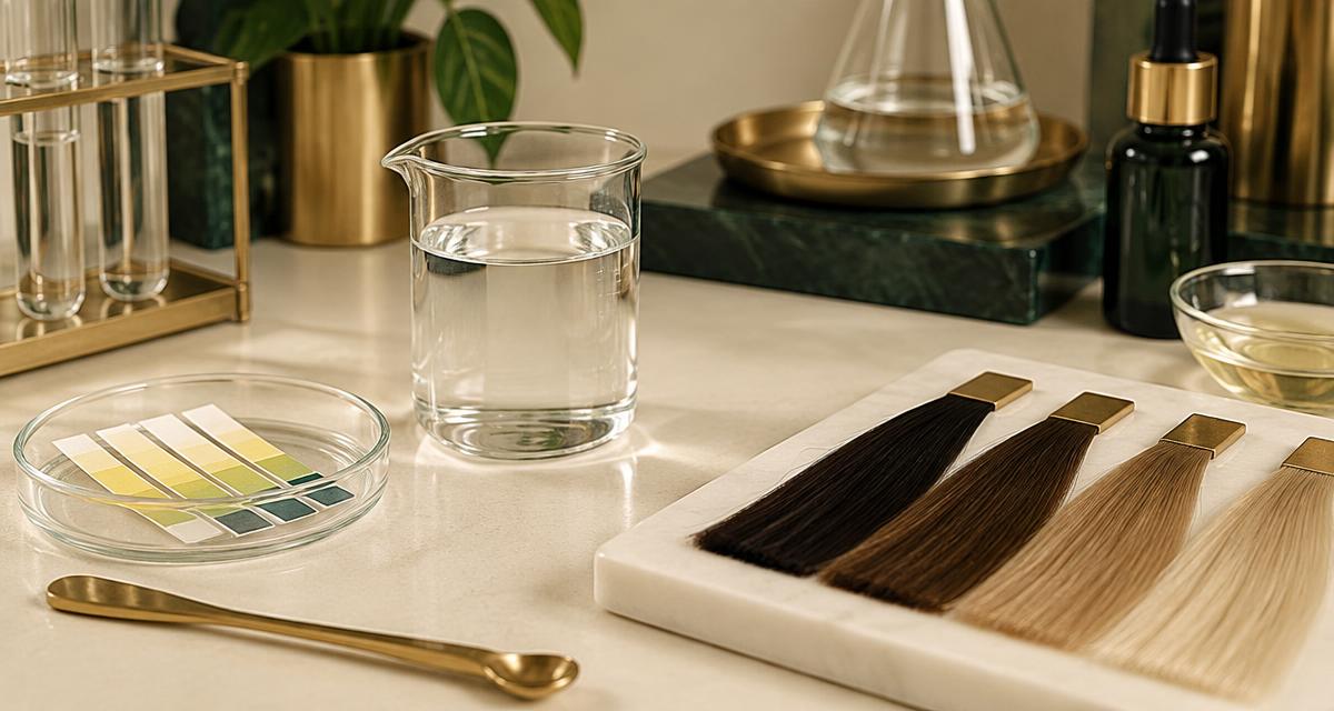 pH strips, a beaker of clear acid smoothing solution and hair swatches on a laboratory bench