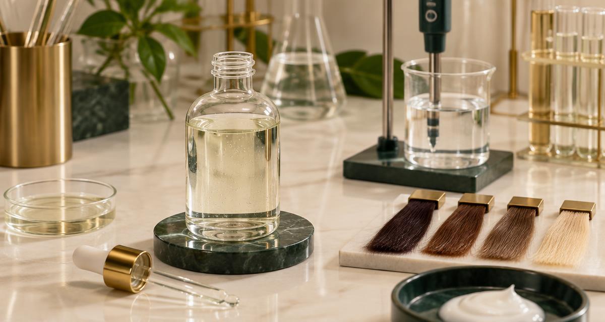 Glass bottle of clear nanoplastia smoothing serum on a laboratory bench with hair swatches