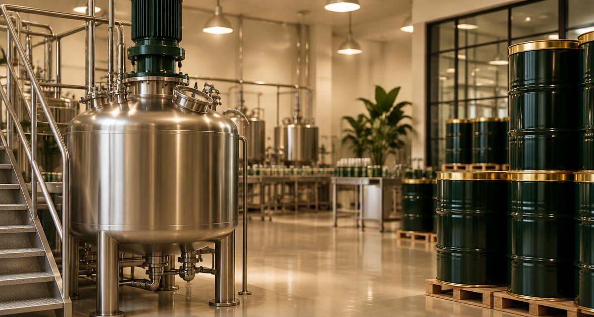 Stainless steel mixing vessel and stacked bulk drums in a clean cosmetics production hall