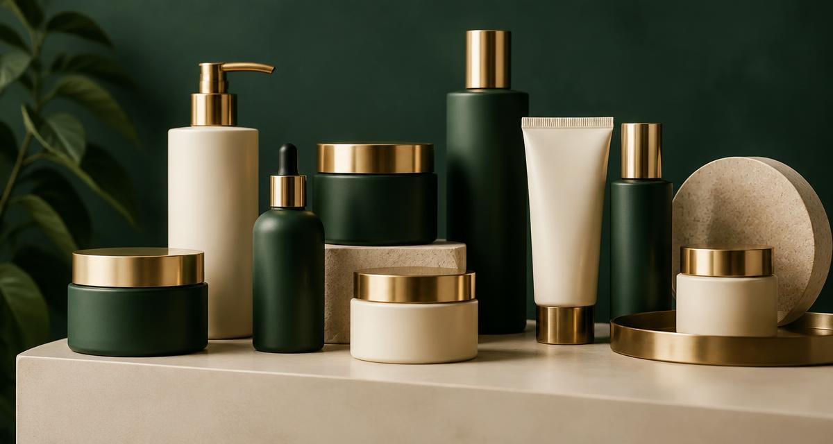 Range of unbranded professional hair treatment jars and bottles on a cream plinth against deep green