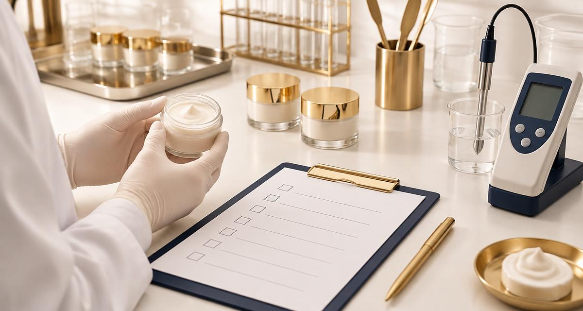 Quality control desk in a Brazilian cosmetics factory with a checklist, pH meter and cream sample jars