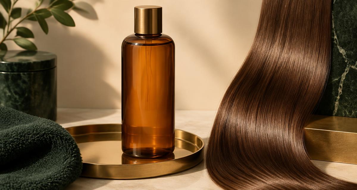 Amber Brazilian keratin treatment bottle on a brass tray beside a glossy smooth hair swatch