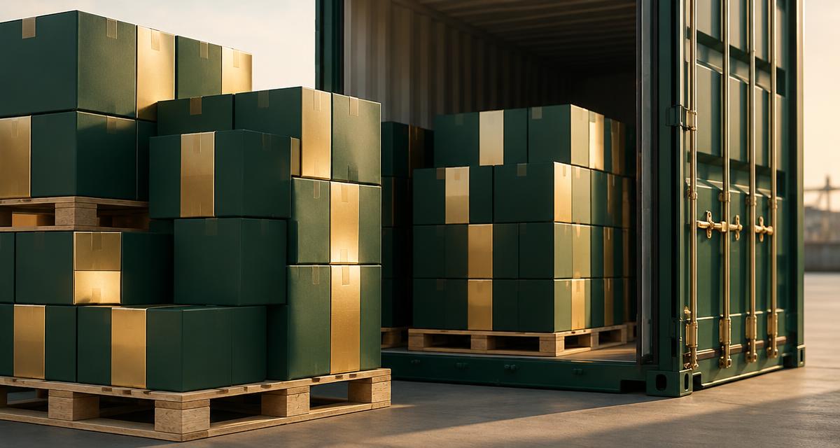 Pallets of unbranded cosmetic cartons loaded beside an open export shipping container