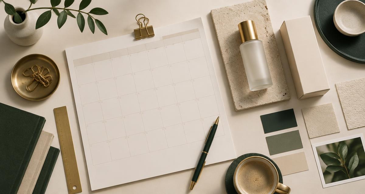 Project planning desk with a blank timeline calendar, packaging swatches and a sample bottle