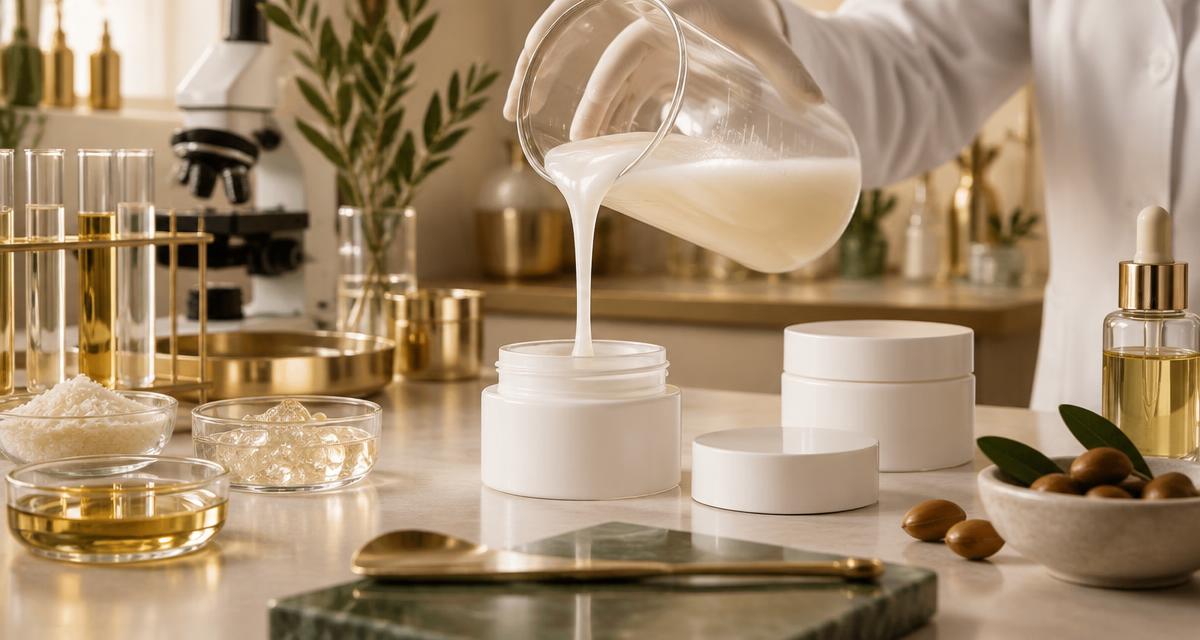Laboratory technician pouring pearly protein hair treatment into an unbranded white jar