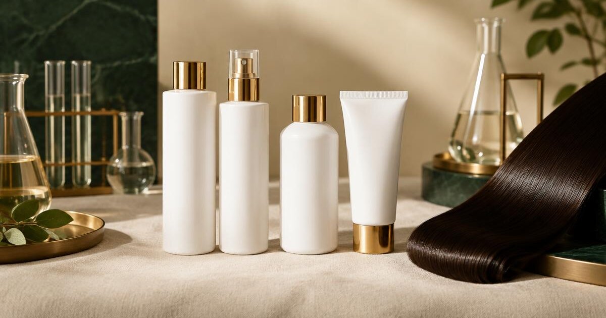 Four unbranded white hair smoothing treatment bottles with gold caps beside a lock of glossy straight dark hair