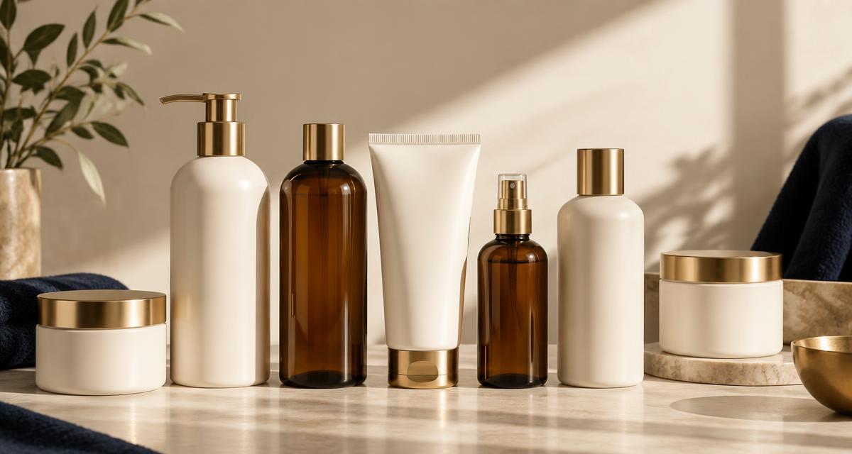 Row of unbranded white and amber private label hair care bottles, tubes and jars on a cream surface