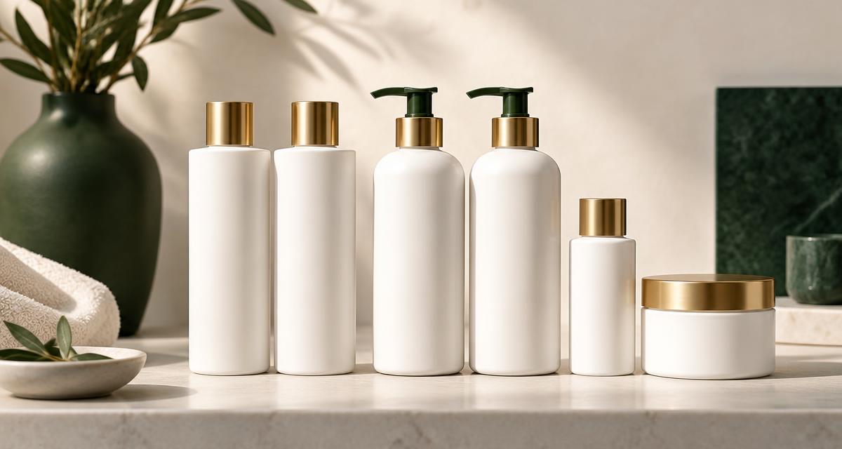 Unbranded white private label shampoo and conditioner bottles lined up on a pale stone surface