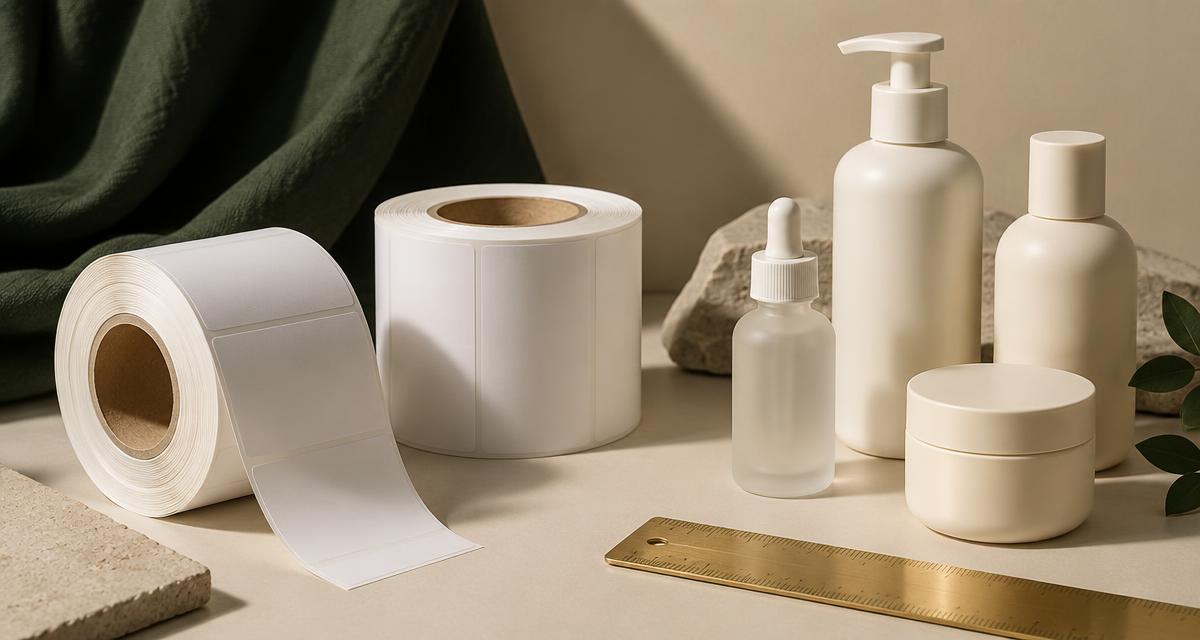Blank white label rolls and unbranded cosmetic bottles on a warm cream table